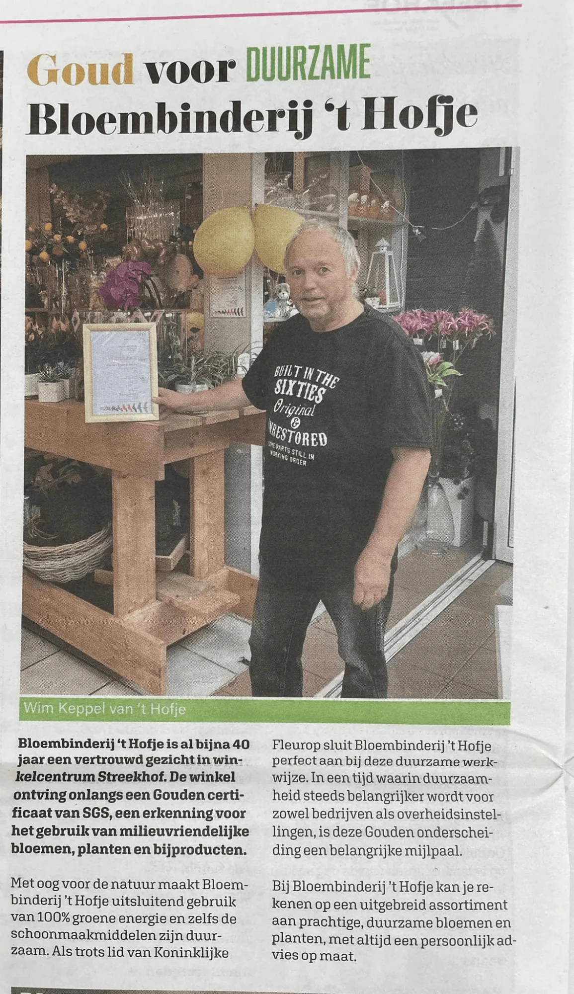 Artikel in de krant over de milieuvriendelijke aanpak van Bloembinderij het Hofje